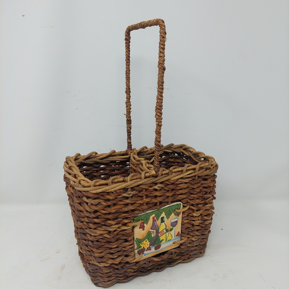 Woven Rattan Wine Basket 2 Bottle Ceramic Tile Tuscan Italian Decorative Storage